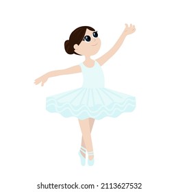 A cute ballerina in a tutu dances lightly and gracefully. Child girl dancer and she is happy. Cartoon flat style for kids dance school design or professions illustration.