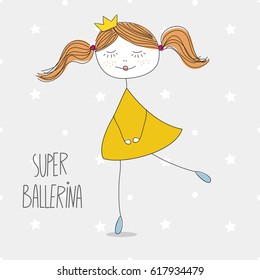 Cute ballerina in yellow dress on grey background with white stars, points. Beautiful greeting card with doodle drawing little girl with crown for nursery design or birthday card. Vector illustration.