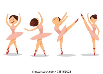 Cute ballerinas dance in ballet shoes and pink tutu. Vector cartoon set of little girls in dresses isolated on white background.
