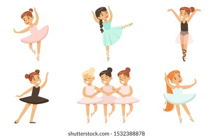 Cute Ballerinas Dancing in Tutu Dress Set, Little Girls Dancing Ballet Vector Illustration