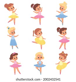 Cute ballerinas. Girls in tutus and pointe shoes. Young ballet dancers. Kids in different poses. Romantic characters performing choreographic positions. Vector dancing children set