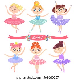 Cute ballerinas in various poses.  Ballet dancer. Vector illustrator isolated