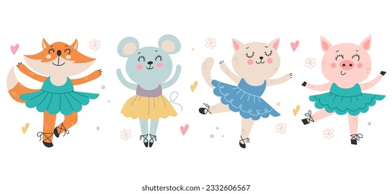 Cute ballet animal dance isolated set. Vector graphic design illustration
