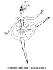 Cute ballet dancer sketch drawing. BLack and white vector for coloring, for card or gift. 