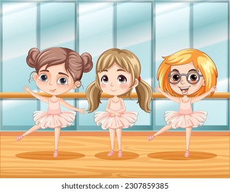 Cute ballet dancer students in dance classroom illustration