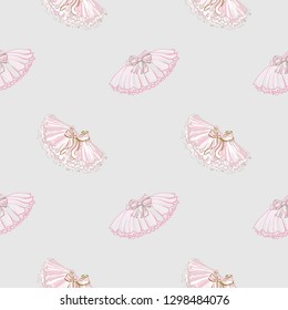 Cute ballet seamless pattern with ballerina skirt and tutu. Hand drawn vector sketch. Baby fashion design.