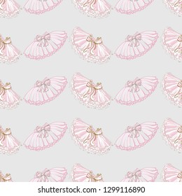 Cute ballet seamless pattern with ballerina skirt and tutu. Hand drawn vector sketch. Baby fashion design.