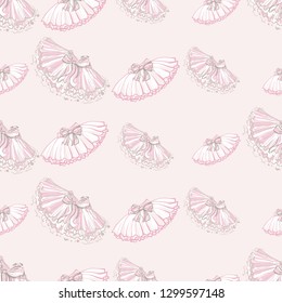 Cute ballet seamless pattern with ballerina skirt and tutu. Hand drawn vector sketch. Baby fashion design.