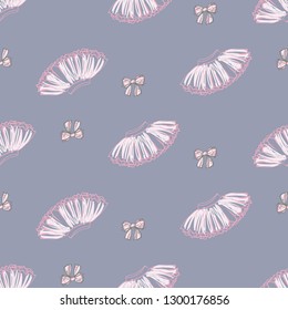 Cute ballet seamless pattern with ballerina skirt. Hand drawn vector sketch. Gold and pink vintage watercolor illustration on blue background. Baby shower design.