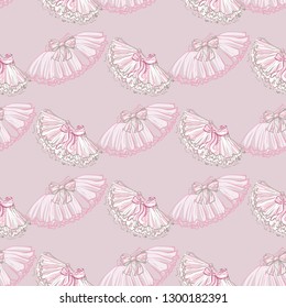 Cute ballet seamless pattern with ballerina skirt and tutu. Hand drawn vector sketch. Baby fashion design.