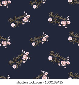 Cute ballet seamless pattern with ballerina slogan and flowers. Hand drawn vector sketch. Gold and pink vintage watercolor illustration on blue background. Baby shower design.