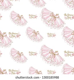 Cute ballet seamless pattern with ballerina slogan and tutu skirt. Hand drawn vector sketch. Gold and pink vintage watercolor illustration on white background. Baby fashion design.