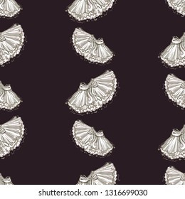 Cute ballet seamless pattern with ballerina skirt and tutu black background. Hand drawn vector sketch. Baby fashion design.