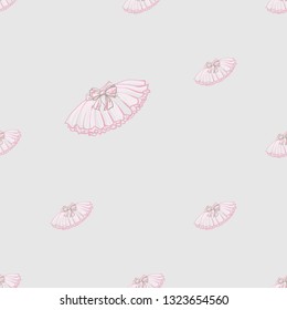 Cute ballet seamless pattern with ballerina skirt. Hand drawn vector sketch. Gold and pink vintage watercolor illustration on white background. Baby shower design.