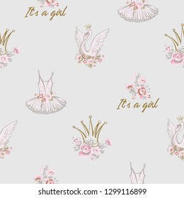 Cute ballet seamless pattern with it's a girl, tutu dress, crown, princess swan. Hand drawn vector sketch. Gold and pink vintage watercolor illustration on white background. Baby fashion design.