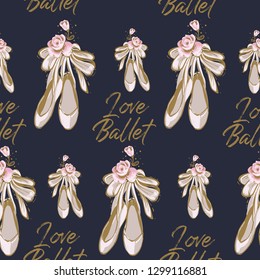 Cute ballet seamless pattern with pointe ballerina shoes and I love ballet slogan. Hand drawn vector sketch. Gold and pink vintage watercolor illustration on blue black background. Baby fashion design