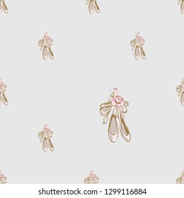Cute ballet seamless pattern with pointe ballerina shoes with flowers. Hand drawn vector sketch. Vintage watercolor illustration on white background. Baby fashion design.