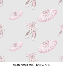 Cute ballet seamless pattern with pointe ballet shoes and ballerina skirt. Hand drawn vector sketch. Pinky vintage watercolor illustration on white background. Baby fashion design.