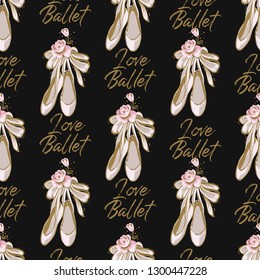 Cute ballet seamless pattern with pointe ballerina shoes and I love ballet slogan. Hand drawn vector sketch. Gold and pink vintage style digital watercolor illustration on black background.