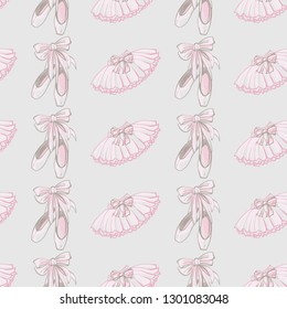 Cute ballet seamless pattern with pointe ballet shoes and ballerina skirt. Hand drawn vector sketch. Pinky vintage watercolor illustration on white background. Baby fashion design.