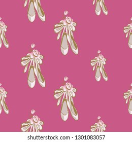 Cute ballet seamless pattern with pointe ballerina shoes with flowers. Hand drawn vector sketch. Vintage watercolor illustration on pink background. Baby fashion design.