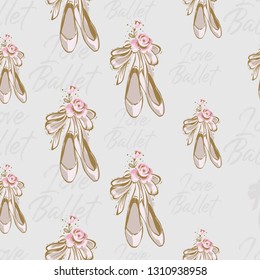 Cute ballet seamless pattern with pointe ballerina shoes and I love ballet slogan. Hand drawn vector sketch. Gold and pink vintage watercolor illustration on white background. Baby fashion design.