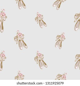 Cute ballet seamless pattern with pointe ballerina shoes with flowers. Hand drawn vector sketch. Vintage watercolor illustration on white background. Baby fashion design.