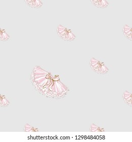 Cute ballet seamless pattern with tutu skirt. Hand drawn vector sketch. Gold and pink vintage watercolor illustration on white background. Baby fashion design.