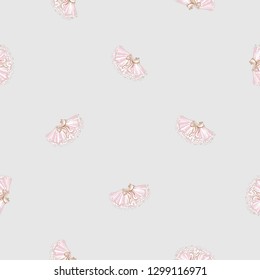 Cute ballet seamless pattern with tutu skirt. Hand drawn vector sketch. Gold and pink vintage watercolor illustration on white background. Baby fashion design.