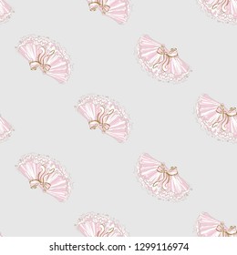Cute ballet seamless pattern with tutu skirt. Hand drawn vector sketch. Gold and pink vintage watercolor illustration on white background. Baby fashion design.