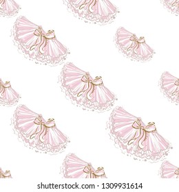 Cute ballet seamless pattern with tutu skirt. Hand drawn vector sketch. Gold and pink vintage watercolor illustration on white background. Baby fashion design.