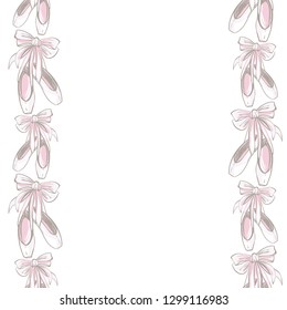 Cute ballet vertical border seamless pattern with pointe ballet shoes. Hand drawn vector sketch. Pinky vintage watercolor illustration on white background. Baby fashion design.