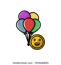 Cute Ballon Coin Cartoon Character Vector Illustration Design. Outline, Cute, Funny Style. Recomended For Children Book, Cover Book, And Other.