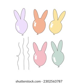 Cute balloon with bunny ears creation set. Retro groovy happy Easter party design. Vector illustration isolated on white.