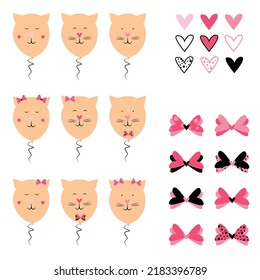 cute balloon cats, a set of different bows and hearts, pink and black bows, kittens with bows
