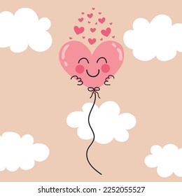 Cute balloon, heart shaped balloon. Love, vector illustration. Hot air balloon in the sky. Valentine's Day balloon