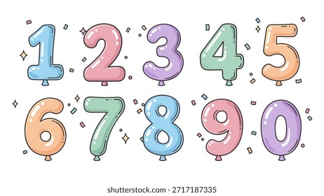 Lindo globo número establecido de 0 a 9 en estilo doodle juguetón. Ilustración vectorial plana con contorno negro y colores sólidos. Perfecto para el diseño de los niños, cumpleaños, educación y proyectos de celebración.