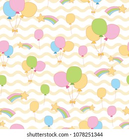 Cute balloon, rainbow, star in wave background. A playful, modern, and flexible pattern for brand who has cute and fun style. Repeated pattern. Happy, bright, and magical mood.