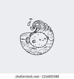 Cute balloonfish with wavy ocean. Nature exploration poster or label. Modern flat linear vector illustration