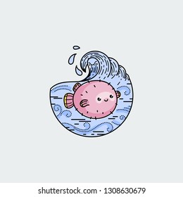 Cute balloonfish with wavy ocean. Nature exploration poster or label. Modern flat linear vector illustration