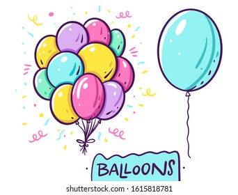 Cute balloons in a bunch and one blue balloon set. Vector illustration in cartoon style. Isolated on white background. Design for banner, poster and web.
