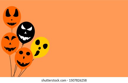 cute balloons cartoon spooky character smiling face. Orange, yellow and black balloons. copy space text. concept for happy halloween festival.