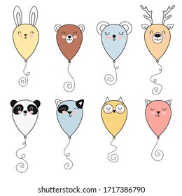 Cute balloons collection. Vector rabbit, bear, mouse, deer, panda, cat, owl, fox characters for design print, poster, package, wrapping paper, label, advertising, card, fabric, t-shirt.