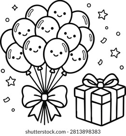 Cute balloons and gift box illustration with stars on a white background