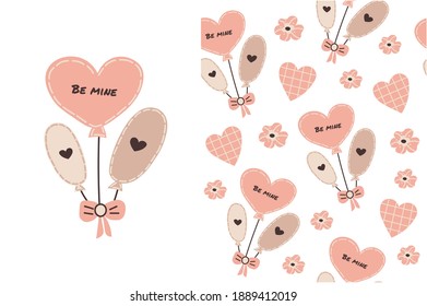 Cute balloons and hearts in pink color. Set of vector seamless patterns and illustrations. Valentine's day print. Vector hand drawn childish illustration.