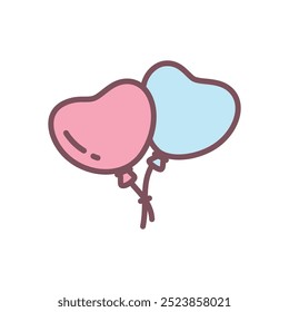 Cute balloons icon. Hand drawn illustration of pink and blue heart-shaped balloons isolated on a white background. Kawaii St. Valentine day sticker. Vector 10 EPS.