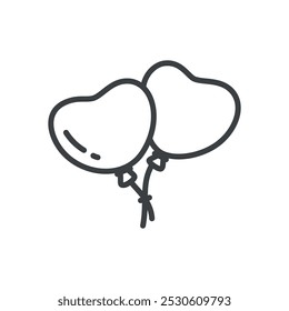 Cute balloons icon. Hand drawn monochrome illustration of two heart-shaped balloons isolated on a white background. Kawaii St. Valentine day concept. Vector 10 EPS.