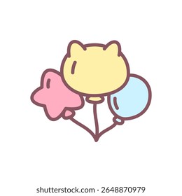 Ícone de balões bonitos. Ilustração desenhada à mão de três balões coloridos pastel isolados sobre um fundo branco. Adesivo Kawaii. Vetor 10 EPS.
