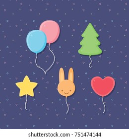 Cute balloons on blue background. Fancy balloon in purple background