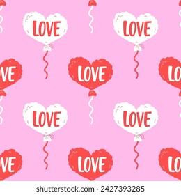 Cute balloons in the shape of a heart. Hand drawn seamless pattern. Modern romantic print.
